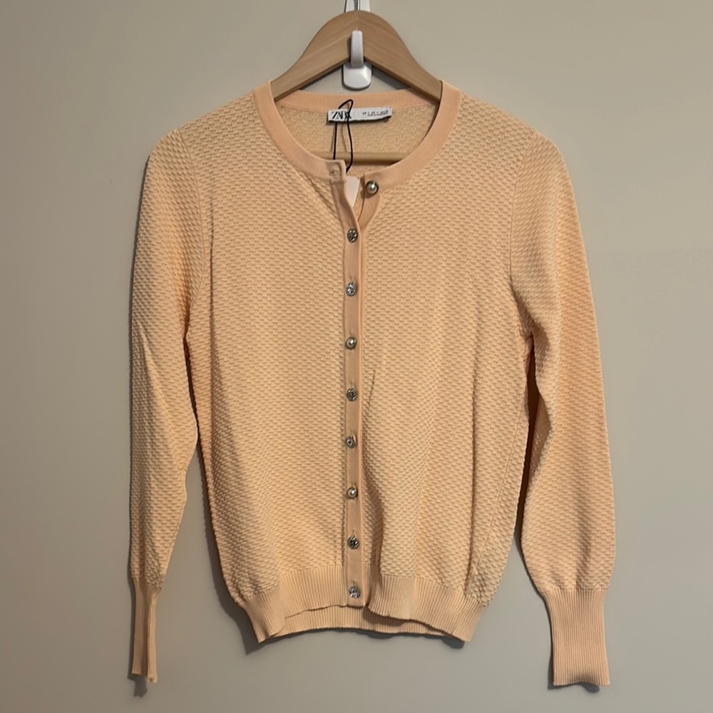Zara Cream Cardigan Sweater with Ribbed Details L Large